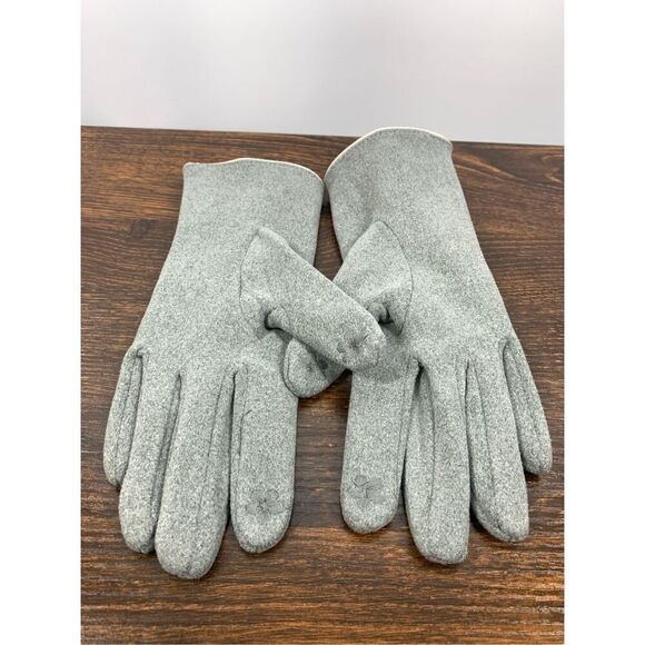 2 Chic Women's Gray Fabric Touch Screen Vinyl Trim Bow Gloves Size Medium - Picture 5 of 8